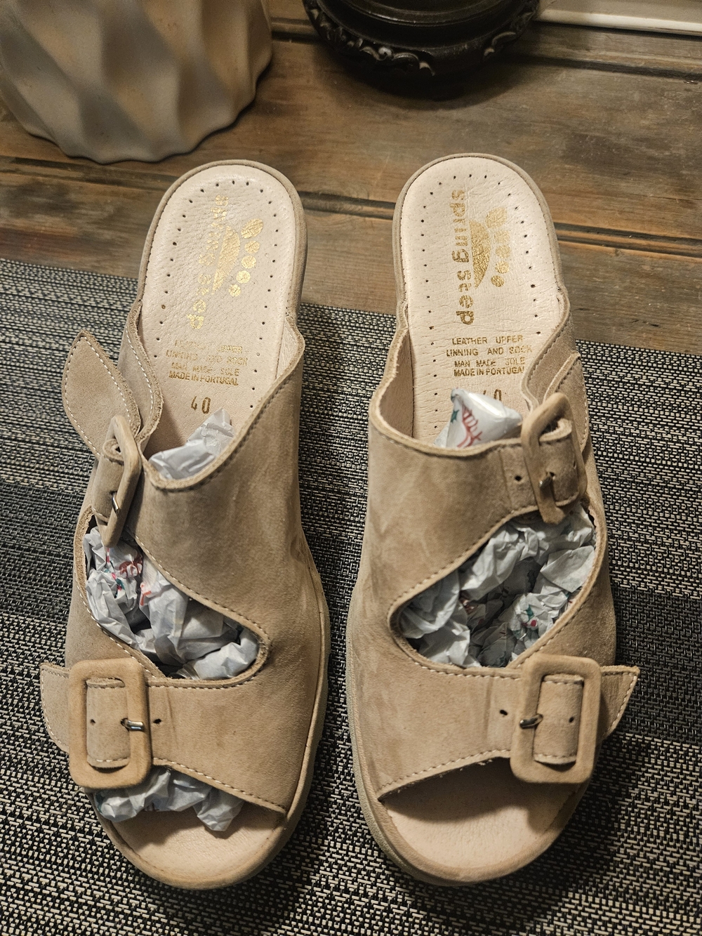 SPRING STEP DOUBLE BUCKLE SUEDE SLIDE WEDGES. NEVER WORN. SO COMFY!